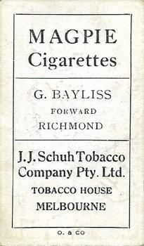 1921 J.J.Schuh Magpie Cigarettes Victorian League Footballers #NNO George Bayliss Back